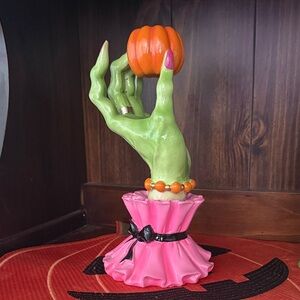 Green Witch Hand Figurine Holding Orange Pumpkin Candle Stick- Pink Ruffled Base